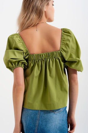 Q2 Women's Blouse Poplin Balloon Sleeve Top in Green