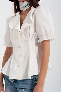 Q2 Women's Blouse Poplin Frill Detail Wrap Blouse in Cream