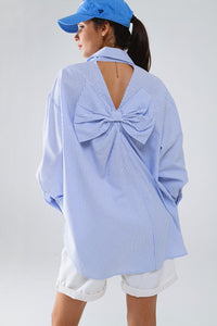 Q2 Women's Blouse Poplin Oversize Striped Shirt With Bow Detail In Blue And White