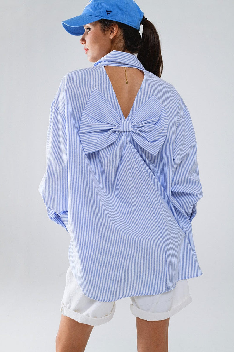 Q2 Women's Blouse Poplin Oversize Striped Shirt With Bow Detail In Blue And White