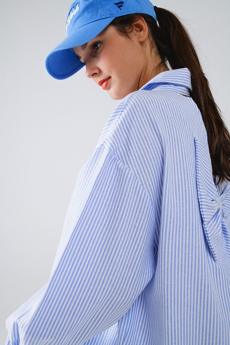 Q2 Women's Blouse Poplin Oversize Striped Shirt With Bow Detail In Blue And White