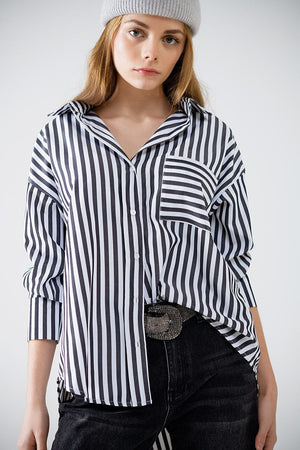 Q2 Women's Blouse Poplin Shirt With Vertical Stripes In Black And Chest Pocket