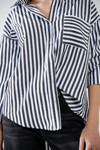 Q2 Women's Blouse Poplin Shirt With Vertical Stripes In Black And Chest Pocket