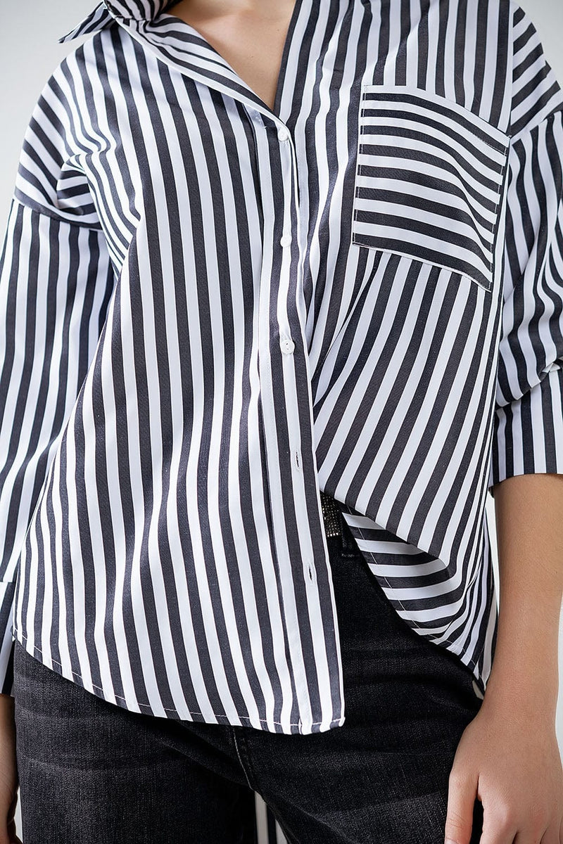 Q2 Women's Blouse Poplin Shirt With Vertical Stripes In Black And Chest Pocket