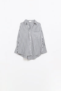 Q2 Women's Blouse Poplin Shirt With Vertical Stripes In Black And Chest Pocket