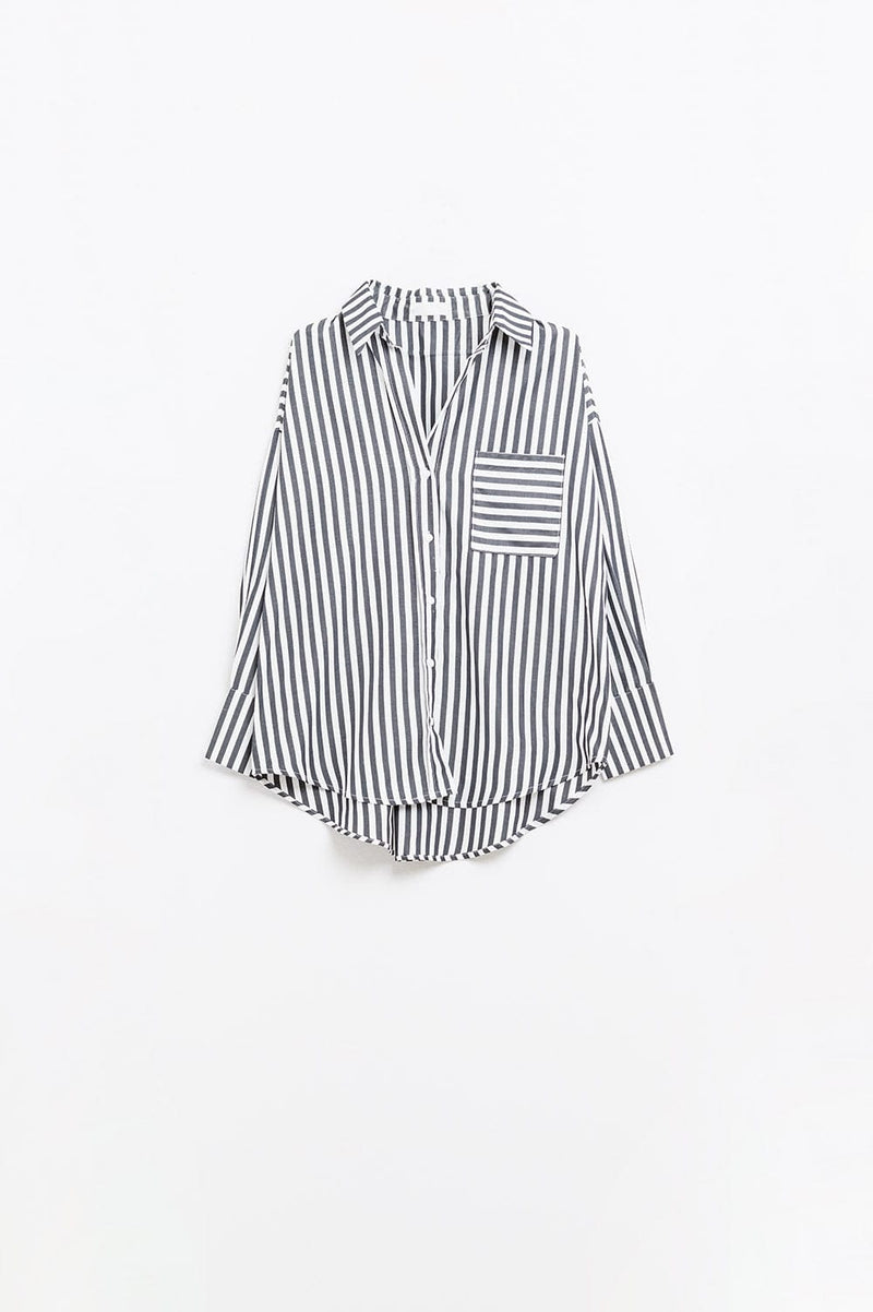 Q2 Women's Blouse Poplin Shirt With Vertical Stripes In Black And Chest Pocket