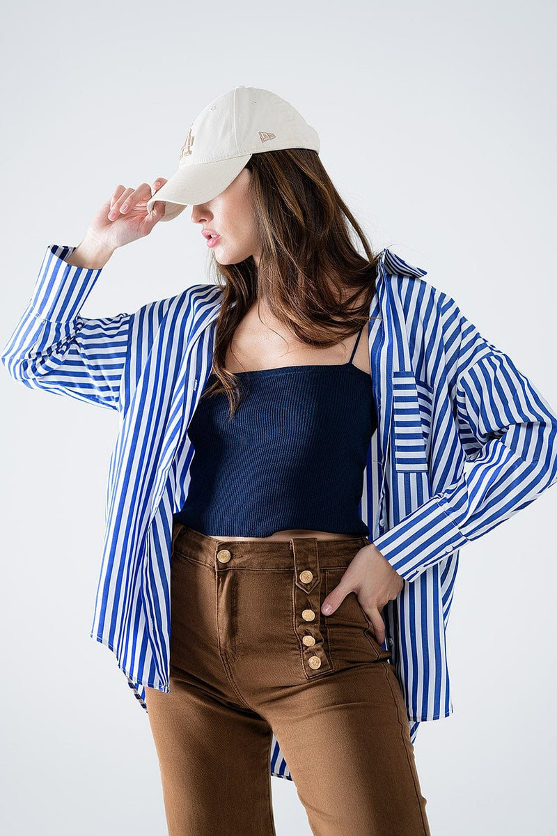 Q2 Women's Blouse Poplin Shirt With Vertical Stripes In Blue And Chest Pocket