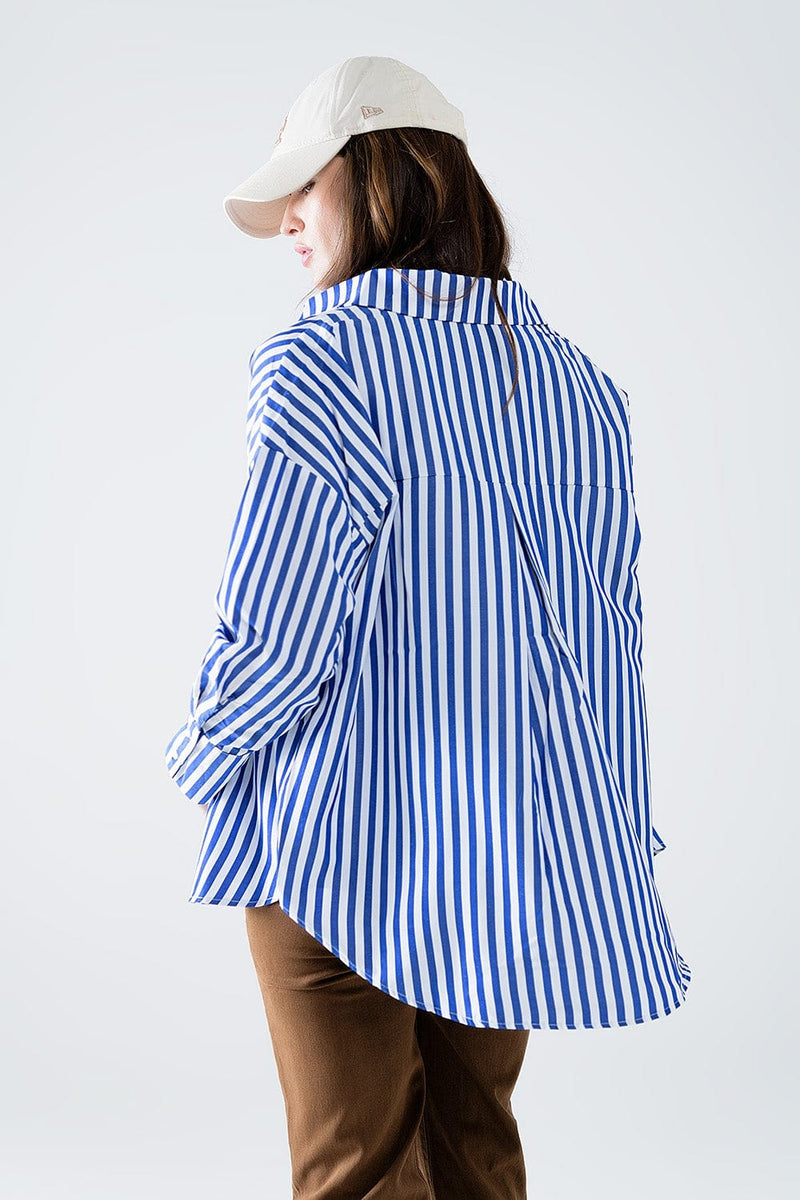 Q2 Women's Blouse Poplin Shirt With Vertical Stripes In Blue And Chest Pocket