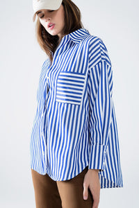 Q2 Women's Blouse Poplin Shirt With Vertical Stripes In Blue And Chest Pocket