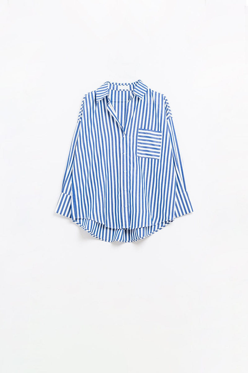 Q2 Women's Blouse Poplin Shirt With Vertical Stripes In Blue And Chest Pocket