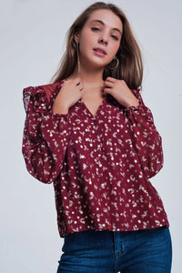 Q2 Women's Blouse Print Ruffle Shoulder Maroon Shirt