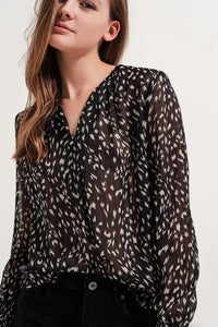 Q2 Women's Blouse Printed Sheer Long Sleeve Blouse