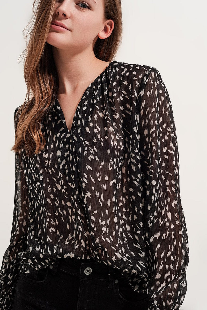 Q2 Women's Blouse Printed Sheer Long Sleeve Blouse