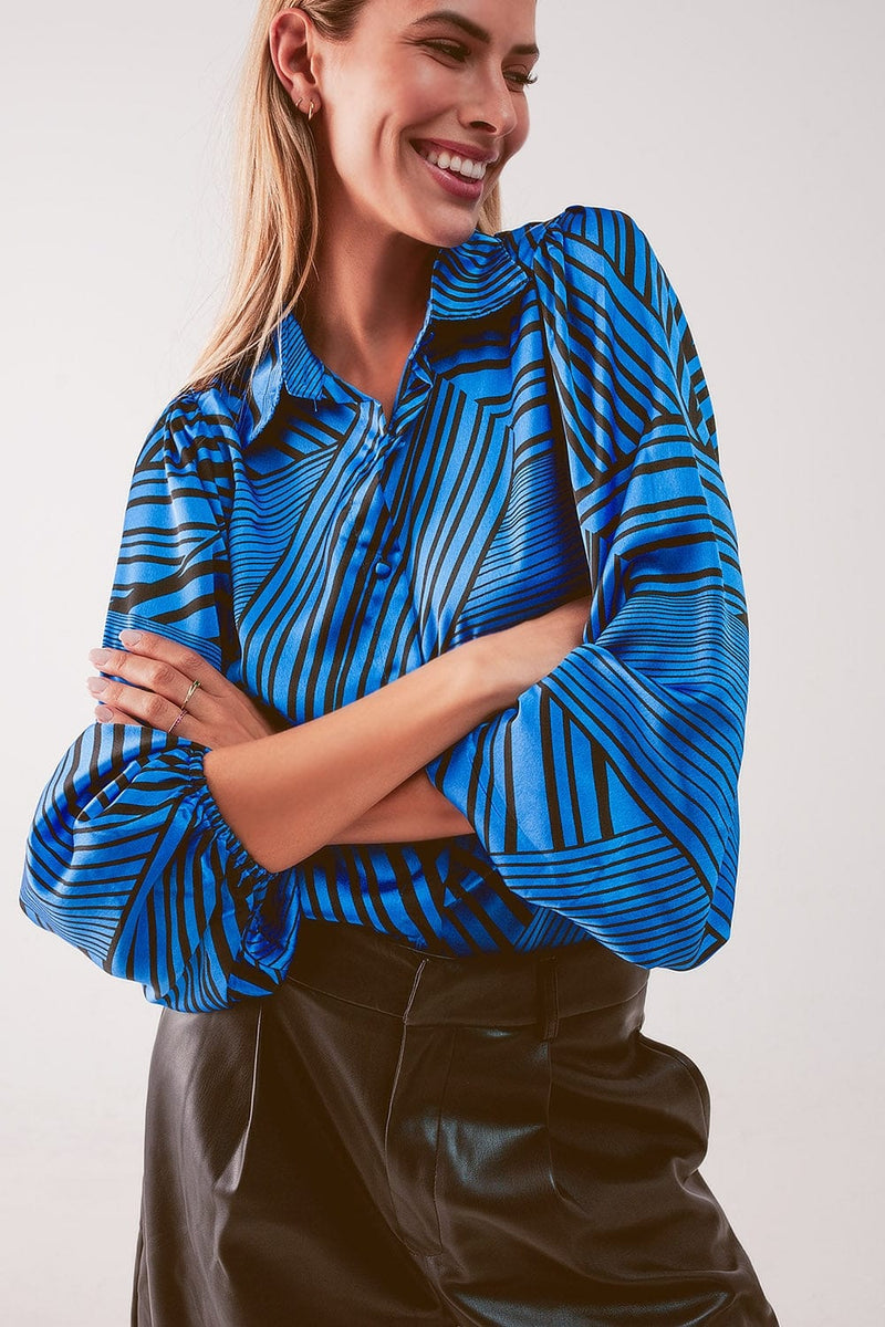 Q2 Women's Blouse Puff Sleeve Printed Blouse in Blue