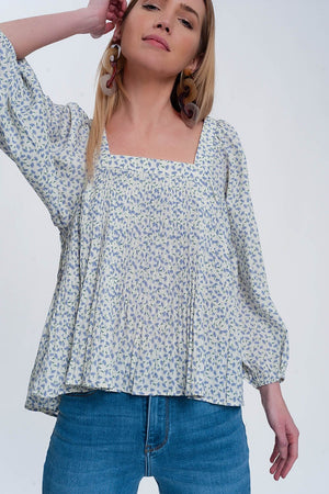 Q2 Women's Blouse Puff Sleeve Top with Square Neck in Blue Floral Print