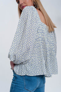 Q2 Women's Blouse Puff Sleeve Top with Square Neck in Blue Floral Print