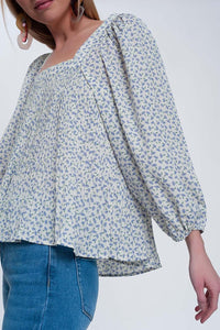 Q2 Women's Blouse Puff Sleeve Top with Square Neck in Blue Floral Print