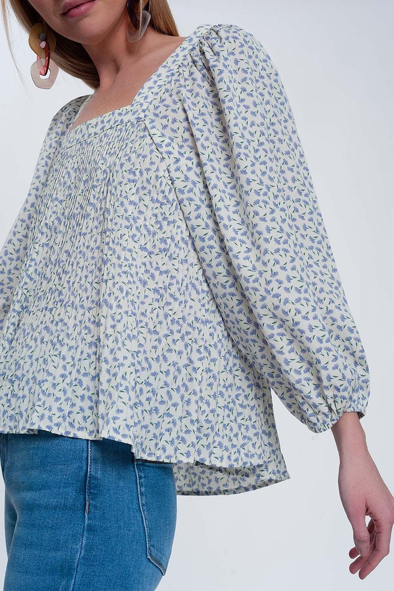 Q2 Women's Blouse Puff Sleeve Top with Square Neck in Blue Floral Print