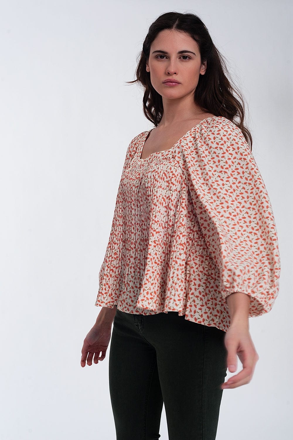 Q2 Women's Blouse Puff Sleeve Top with Square Neck in Coral Floral Print