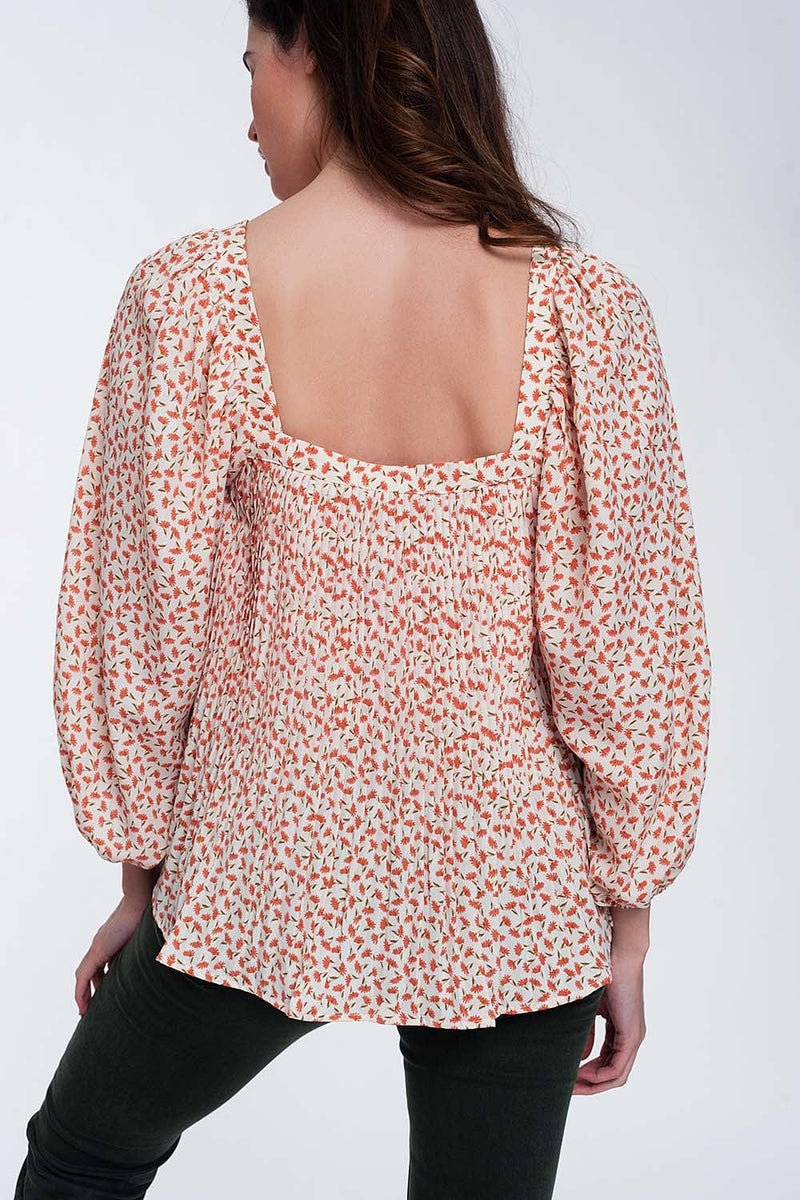 Q2 Women's Blouse Puff Sleeve Top with Square Neck in Coral Floral Print