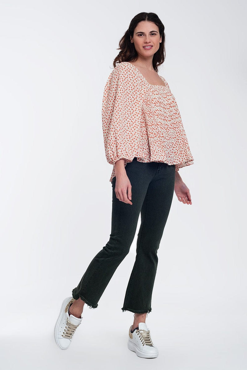 Q2 Women's Blouse Puff Sleeve Top with Square Neck in Coral Floral Print