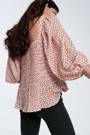 Q2 Women's Blouse Puff Sleeve Top with Square Neck in Coral Floral Print