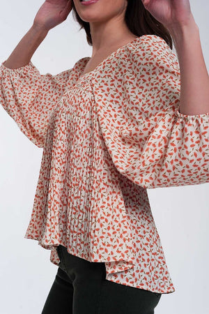 Q2 Women's Blouse Puff Sleeve Top with Square Neck in Coral Floral Print