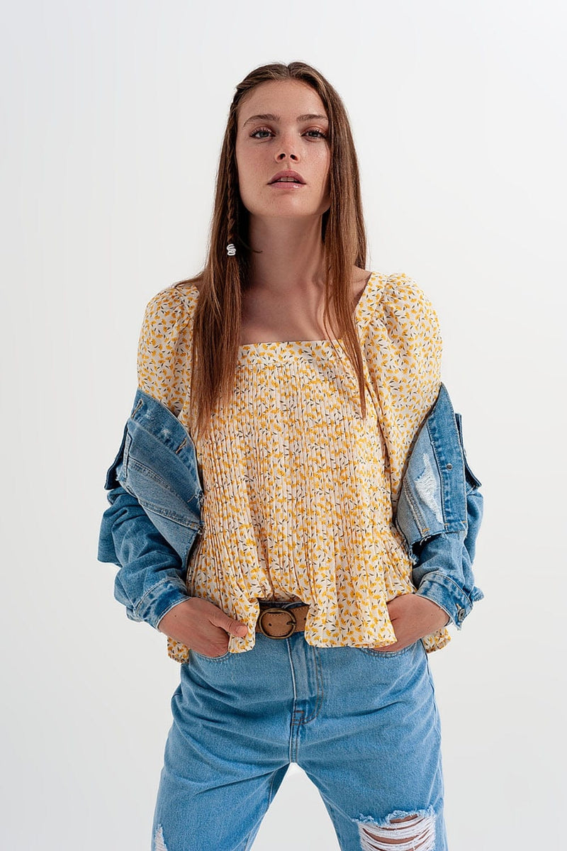 Q2 Women's Blouse Puff Sleeve Top with Square Neck in Yellow Floral Print