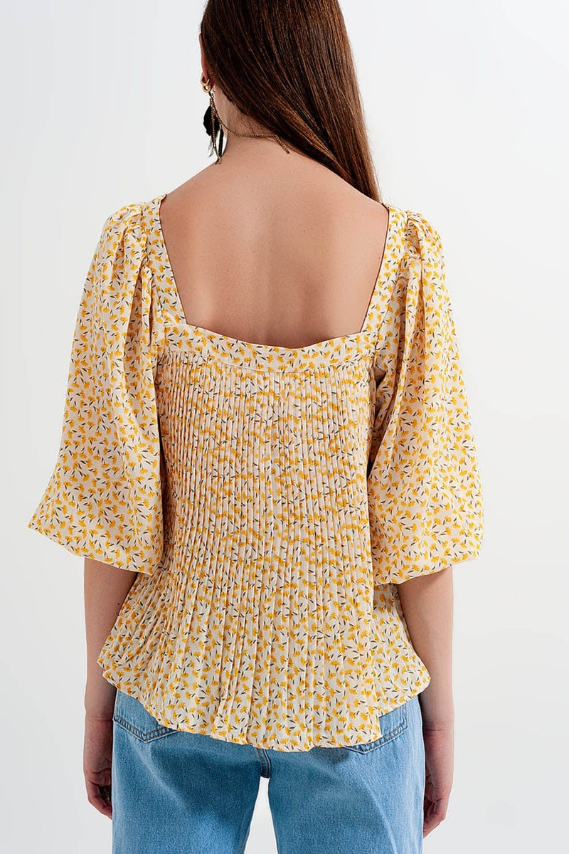 Q2 Women's Blouse Puff Sleeve Top with Square Neck in Yellow Floral Print