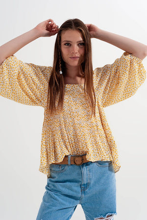 Q2 Women's Blouse Puff Sleeve Top with Square Neck in Yellow Floral Print