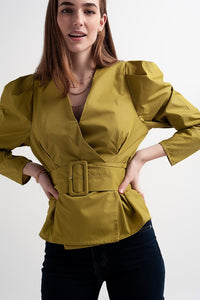 Q2 Women's Blouse Puff Sleeve Wrap Front Top with Belt Detail in Green