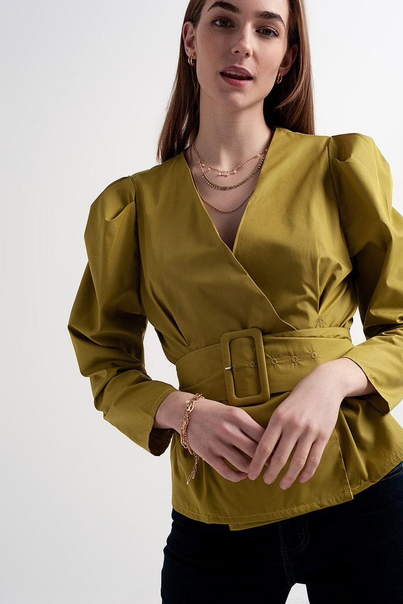 Q2 Women's Blouse Puff Sleeve Wrap Front Top with Belt Detail in Green