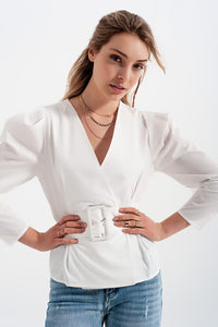 Q2 Women's Blouse Puff Sleeve Wrap Front Top with Belt Detail in White