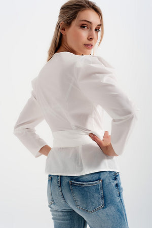 Q2 Women's Blouse Puff Sleeve Wrap Front Top with Belt Detail in White