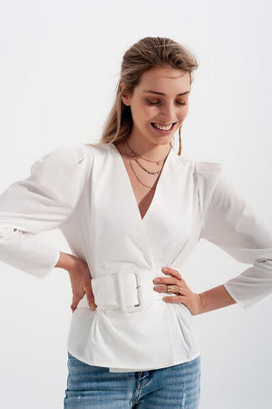 Q2 Women's Blouse Puff Sleeve Wrap Front Top with Belt Detail in White