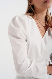 Q2 Women's Blouse Puff Sleeve Wrap Front Top with Belt Detail in White