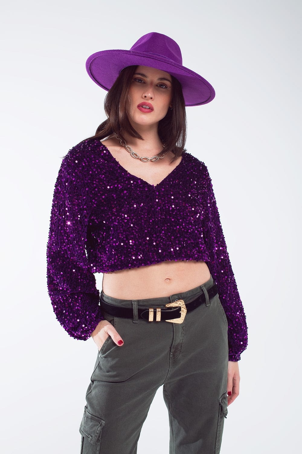 Q2 Women's Blouse Purple Sequin Top With V-Neckline Ballon Sleeves And Open Back