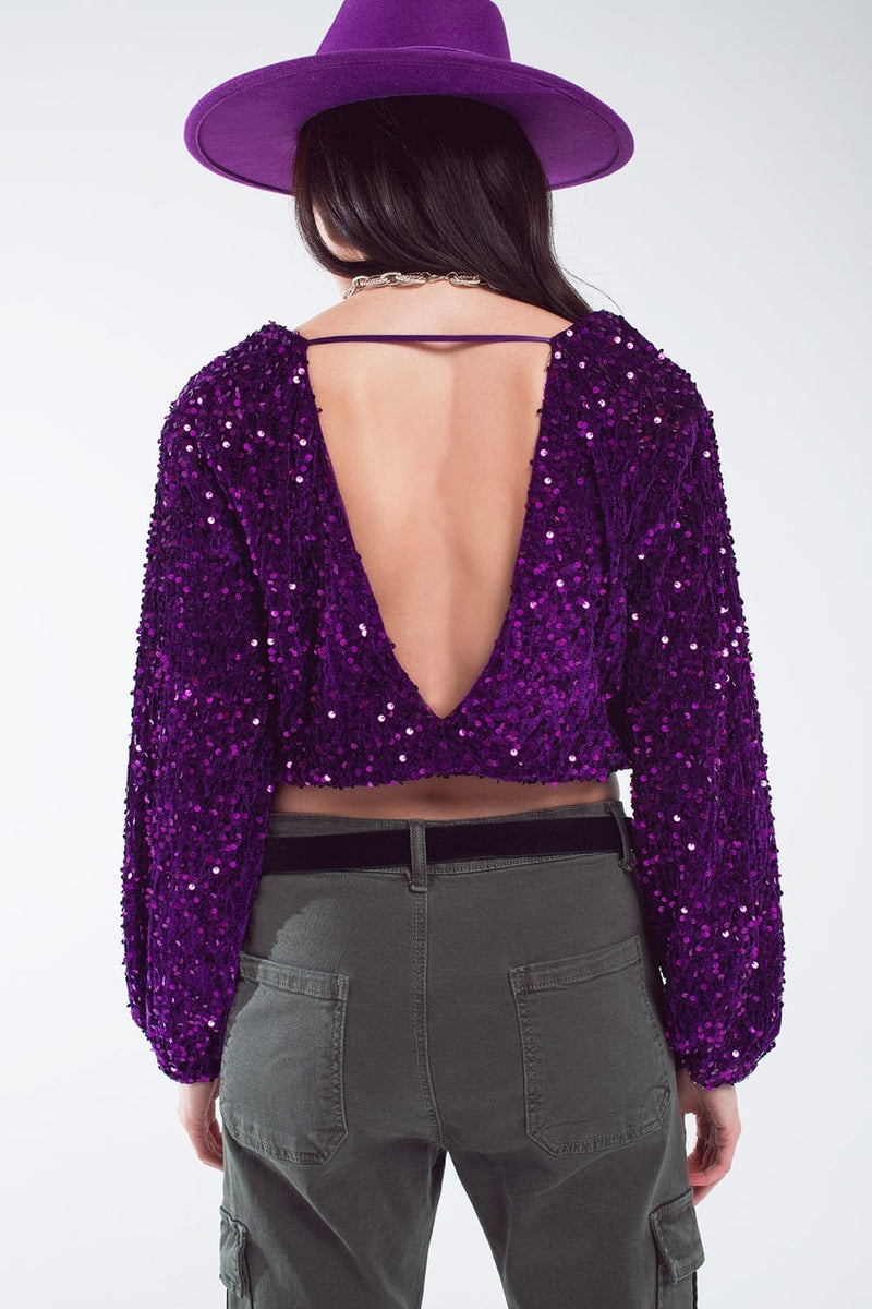 Q2 Women's Blouse Purple Sequin Top With V-Neckline Ballon Sleeves And Open Back