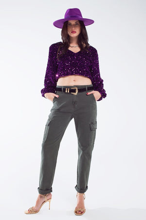 Q2 Women's Blouse Purple Sequin Top With V-Neckline Ballon Sleeves And Open Back