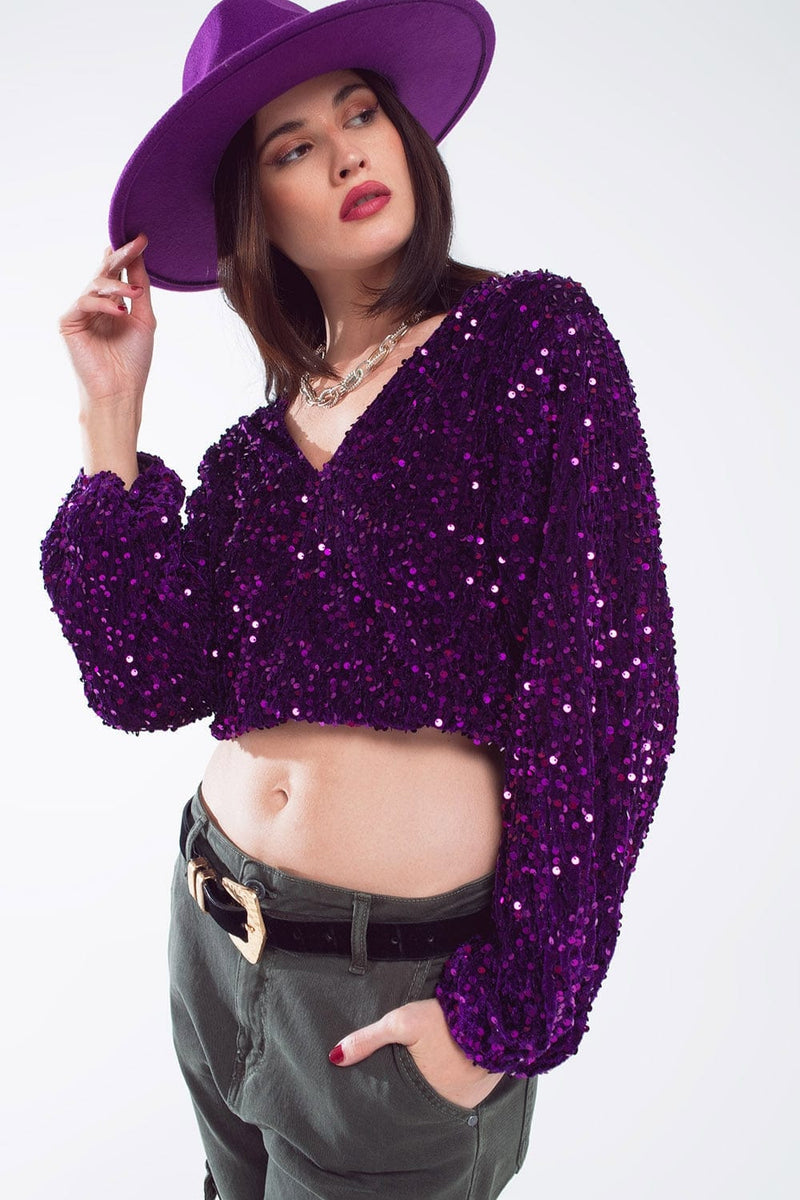 Q2 Women's Blouse Purple Sequin Top With V-Neckline Ballon Sleeves And Open Back