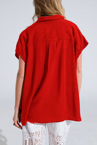 Q2 Women's Blouse Red Button Up Blouse With Polo Collar