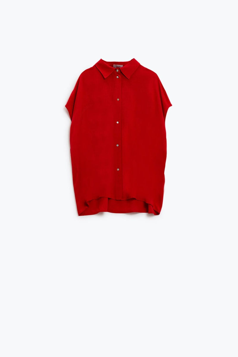 Q2 Women's Blouse Red Button Up Blouse With Polo Collar