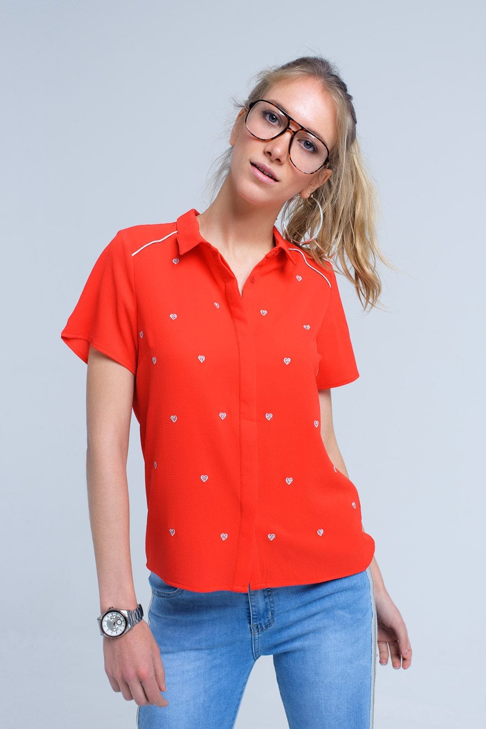 Q2 Women's Blouse Red shirt with heart embroidery