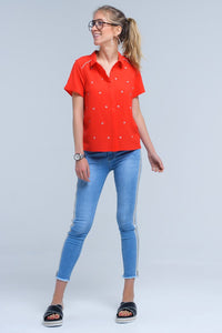 Q2 Women's Blouse Red shirt with heart embroidery