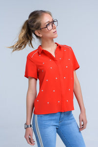 Q2 Women's Blouse Red shirt with heart embroidery