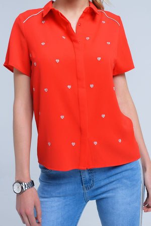 Q2 Women's Blouse Red shirt with heart embroidery