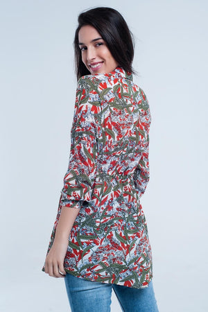 Q2 Women's Blouse Red shirt with leaf and flower print