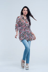 Q2 Women's Blouse Red shirt with leaf and flower print