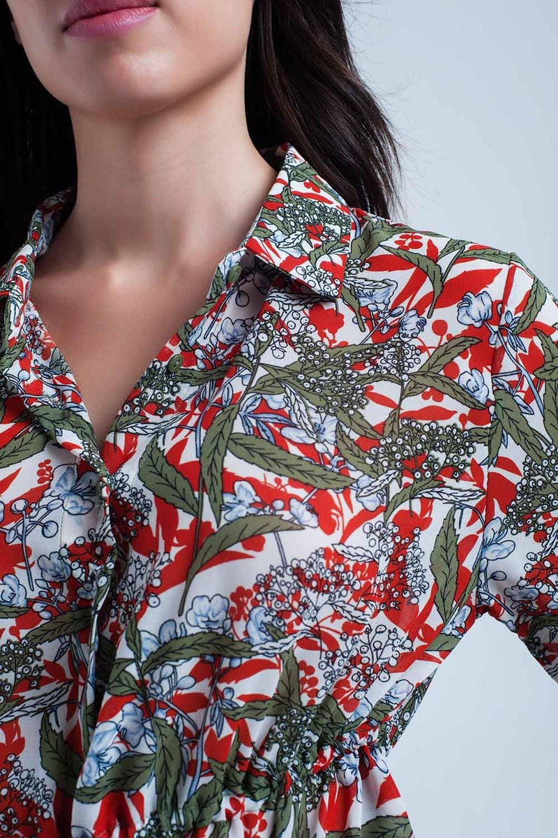 Q2 Women's Blouse Red shirt with leaf and flower print