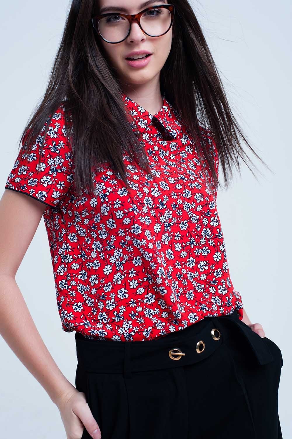 Q2 Women's Blouse Red Shirt with white flowers print
